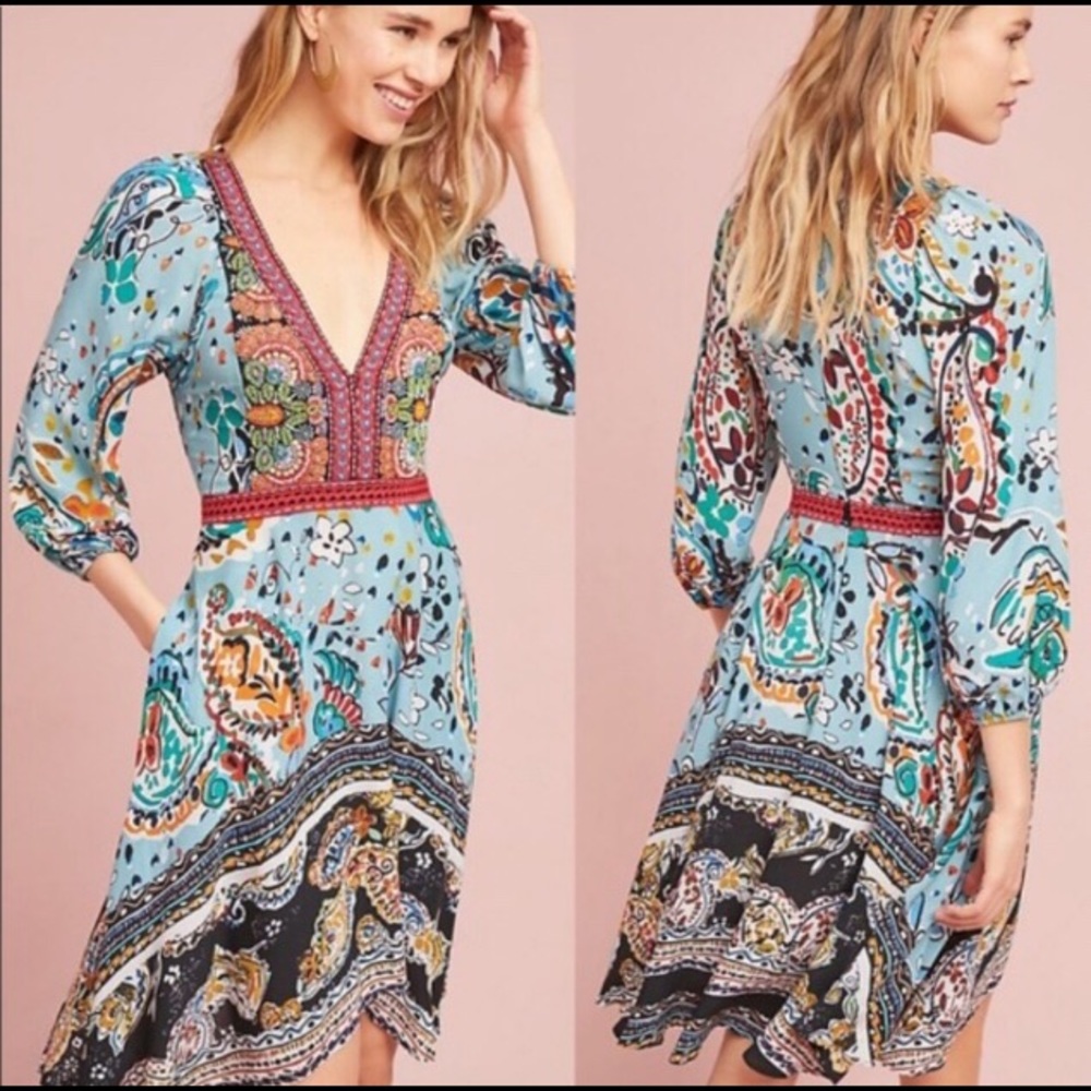 Anthropologie Akimi + Kin beaded Boho print dress